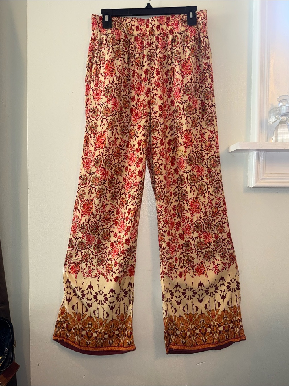 Joie Cream Wide-Leg Pants with Red Floral and Gold Hem